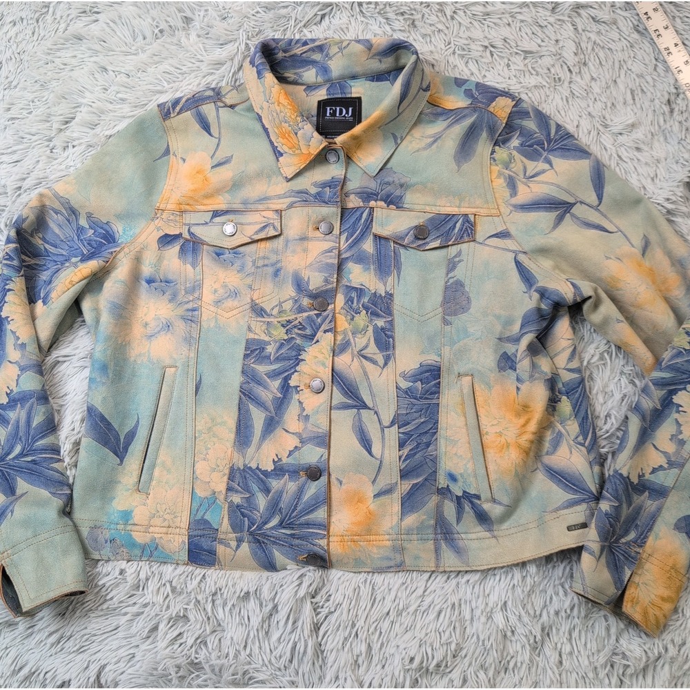 FDJ Jacket Womens XL Blue Floral Soft Smooth Stretch Preppy Comfort Casual